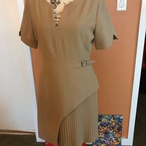 Karen Millen Tan Asymmetrical Dress with Pleated Skirt